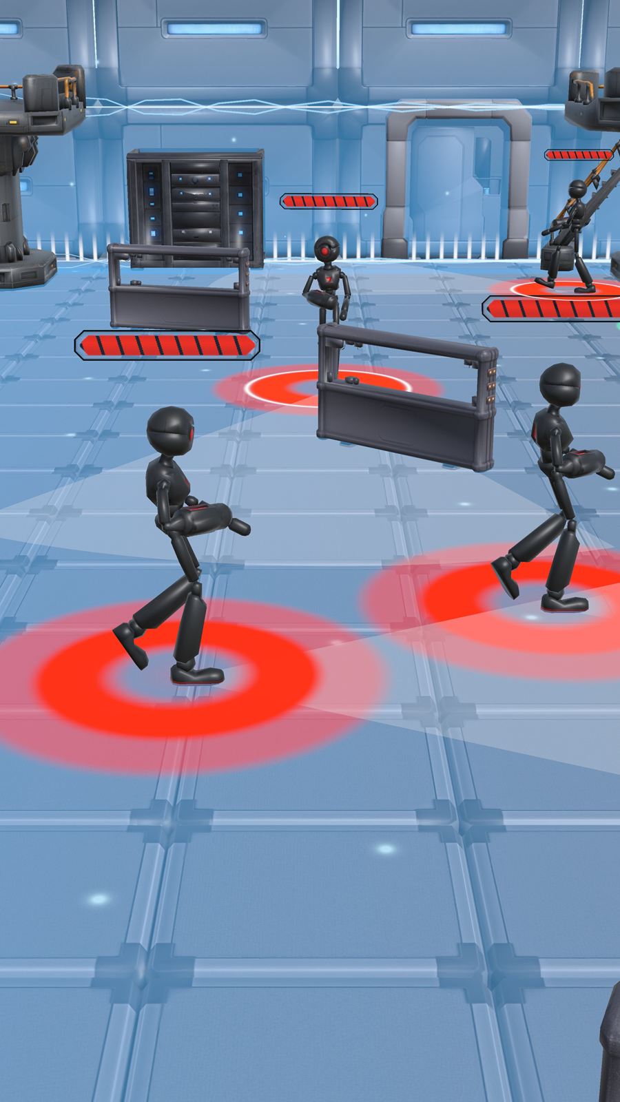 Grunt bots patrolling with red vision rings