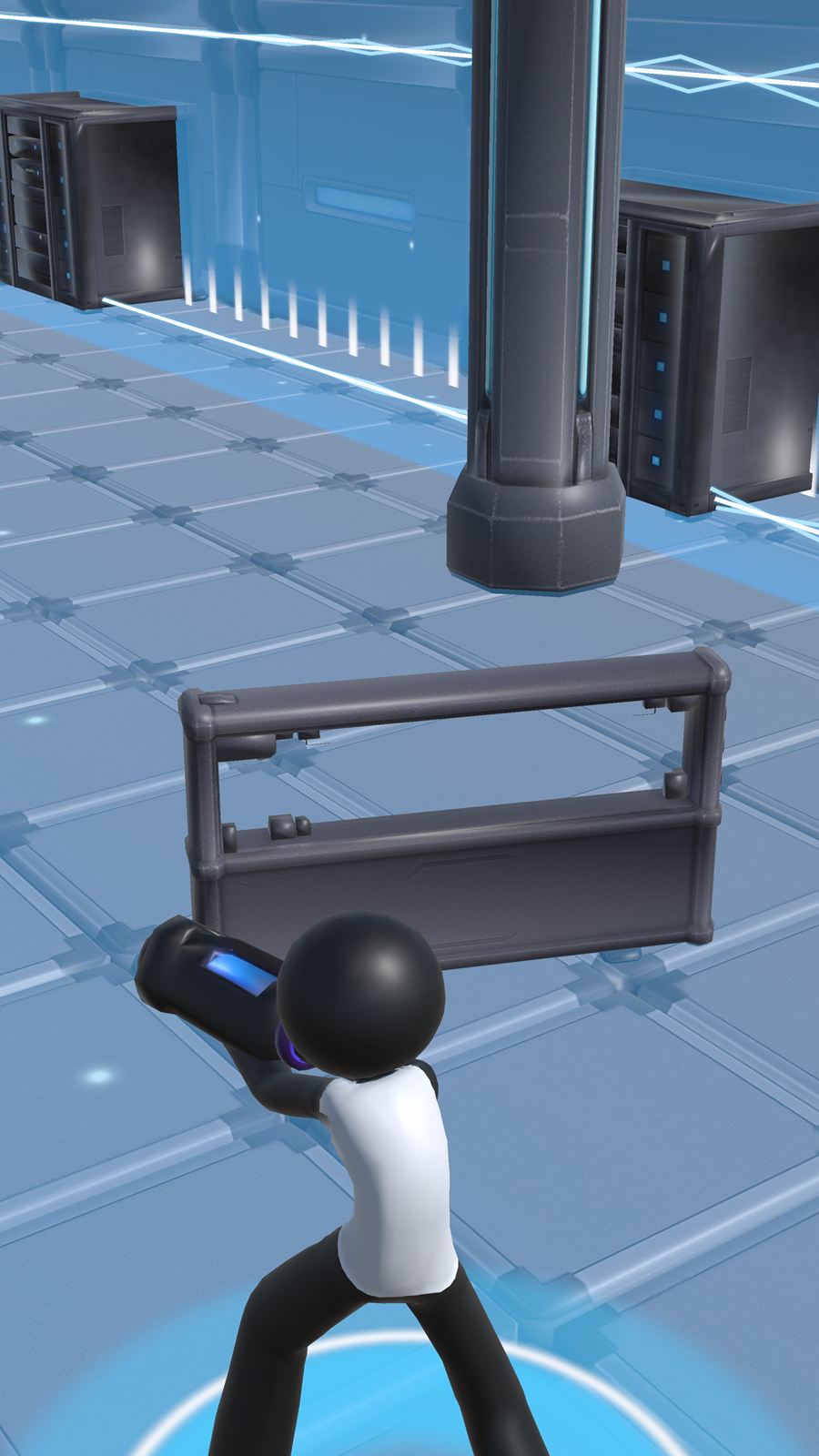 Volt aiming his blaster across the lab