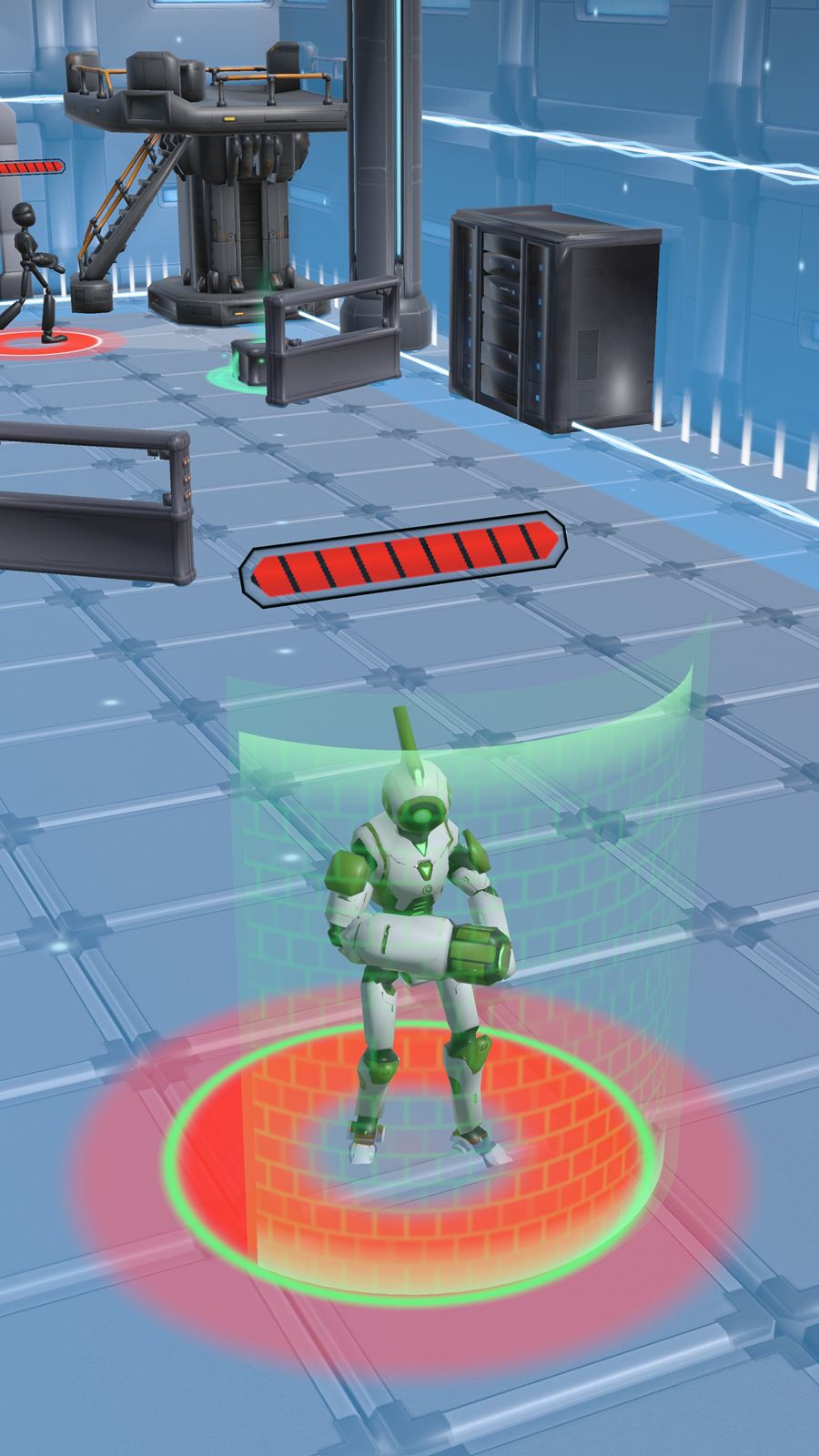 A green shield bot behind a rippling energy wall